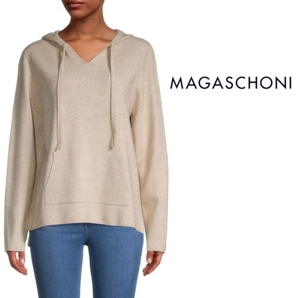Magaschoni Medium V Neck Hoodie Hooded Sweater Top Tan Cream Heather Pullover - Picture 1 of 6